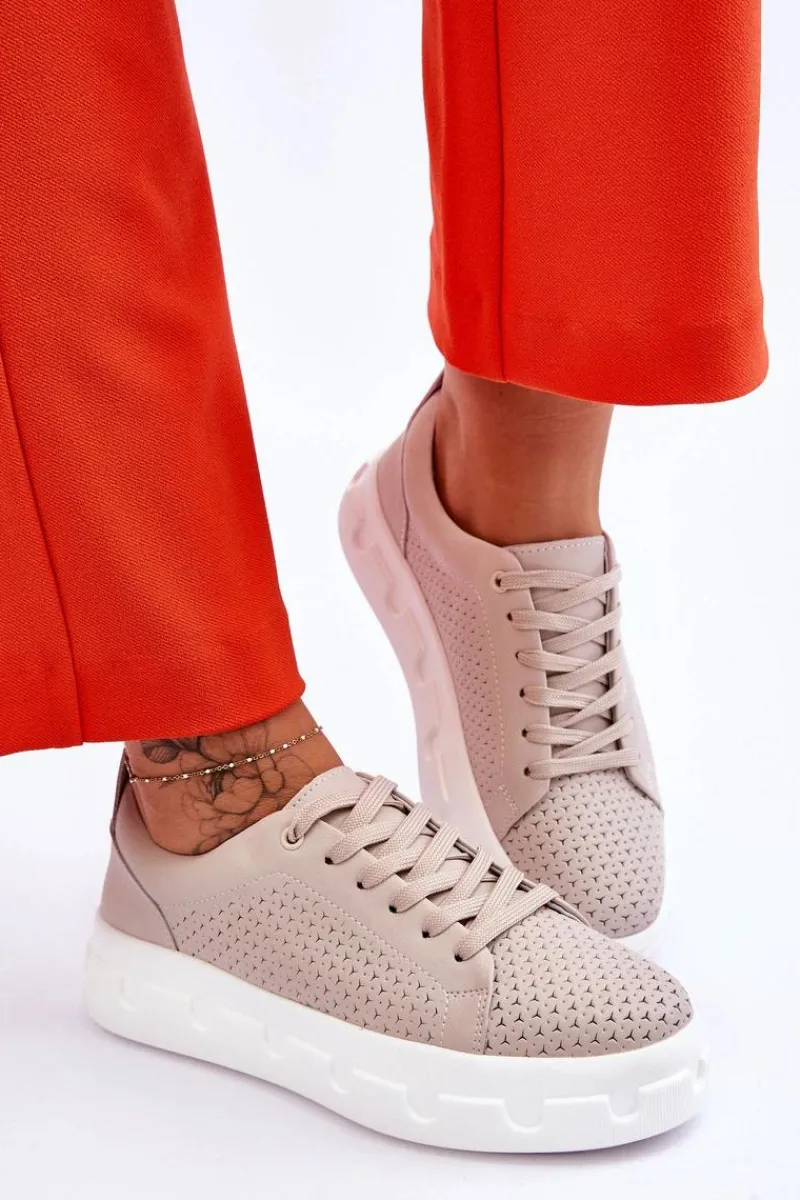 Outlet Damskie buty S.Barski Skórzane Buty Sportowe Na Masywnej Platformie Beżowe Montigo