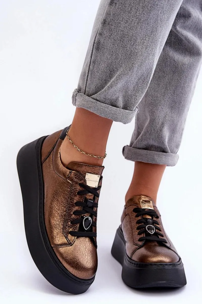 Outlet Maciejka Skórzane Buty Sportowe Na Platformie 06191-24 Miedziane