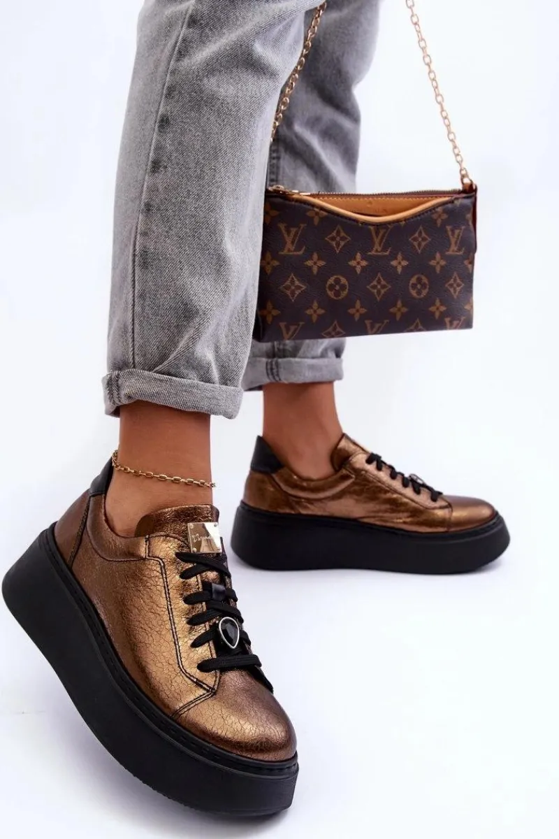 Outlet Maciejka Skórzane Buty Sportowe Na Platformie 06191-24 Miedziane