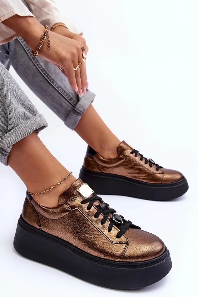 Outlet Maciejka Skórzane Buty Sportowe Na Platformie 06191-24 Miedziane