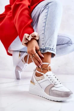 Clearance Skórzane Buty Sportowe Na Koturnie Biało-Szare Rayana Damskie Sneakersy Damskie