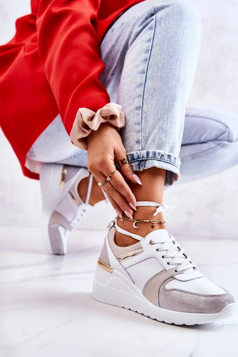 Clearance Skórzane Buty Sportowe Na Koturnie Biało-Szare Rayana Damskie Sneakersy Damskie