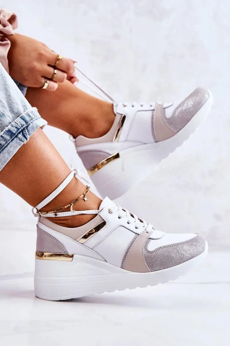 Clearance Skórzane Buty Sportowe Na Koturnie Biało-Szare Rayana Damskie Sneakersy Damskie