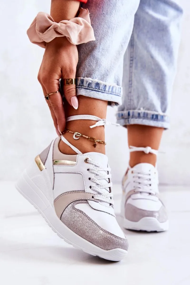 Clearance Skórzane Buty Sportowe Na Koturnie Biało-Szare Rayana Damskie Sneakersy Damskie