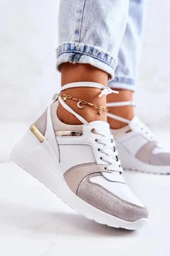 Clearance Skórzane Buty Sportowe Na Koturnie Biało-Szare Rayana Damskie Sneakersy Damskie