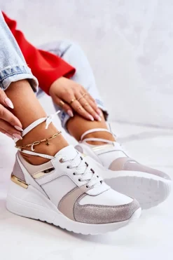 Clearance Skórzane Buty Sportowe Na Koturnie Biało-Szare Rayana Damskie Sneakersy Damskie