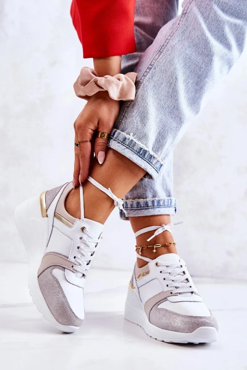 Clearance Skórzane Buty Sportowe Na Koturnie Biało-Szare Rayana Damskie Sneakersy Damskie