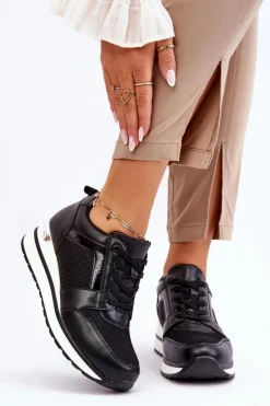 Outlet Skórzane Buty Sportowe Na Niewysokim Koturnie Czarne Braylen Damskie Sneakersy Damskie