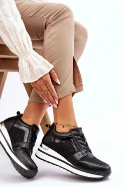 Outlet Skórzane Buty Sportowe Na Niewysokim Koturnie Czarne Braylen Damskie Sneakersy Damskie
