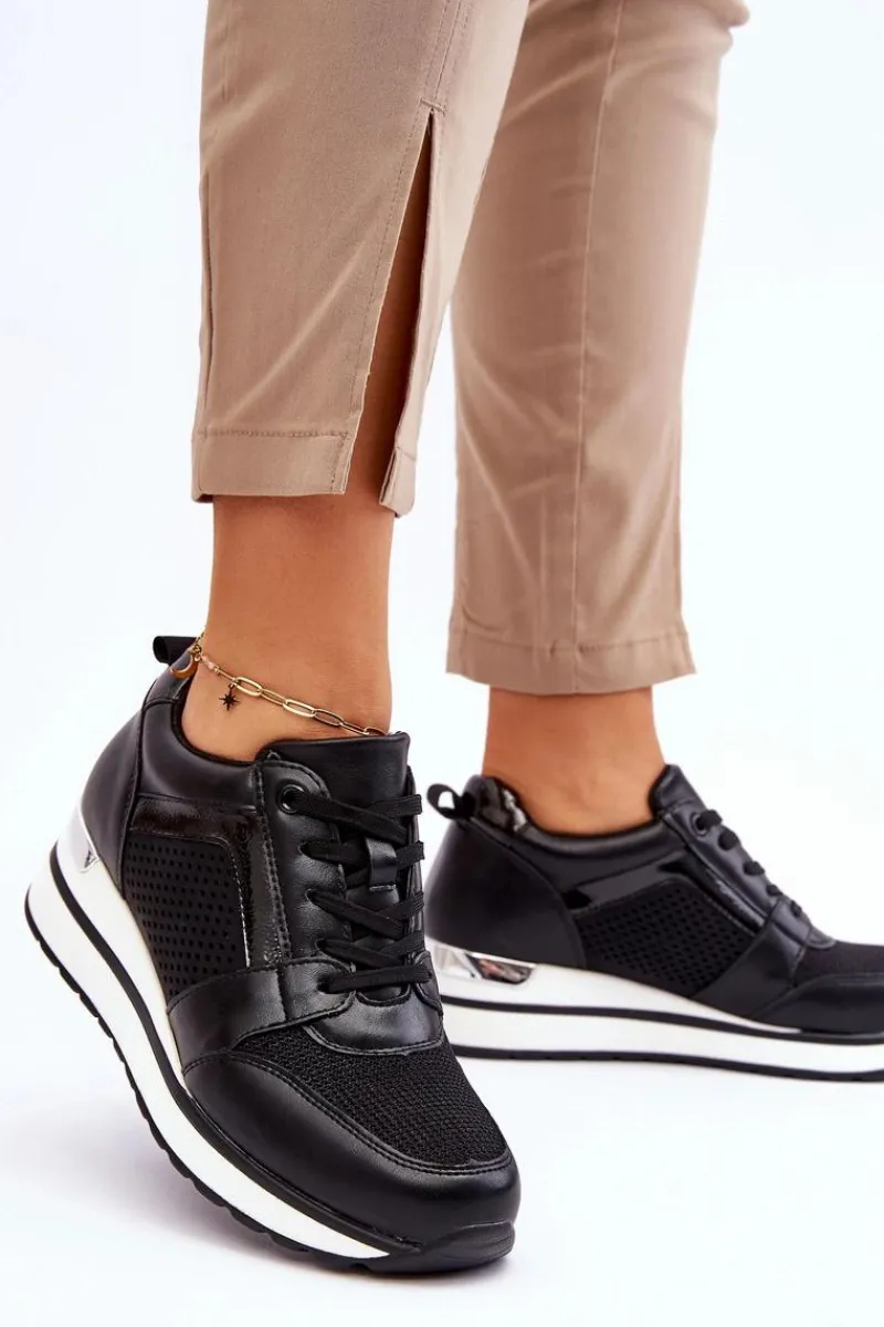 Outlet Skórzane Buty Sportowe Na Niewysokim Koturnie Czarne Braylen Damskie Sneakersy Damskie