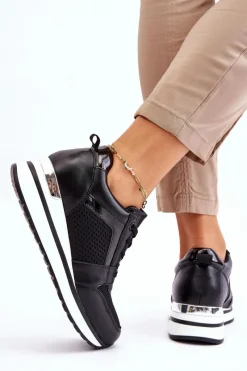 Outlet Skórzane Buty Sportowe Na Niewysokim Koturnie Czarne Braylen Damskie Sneakersy Damskie