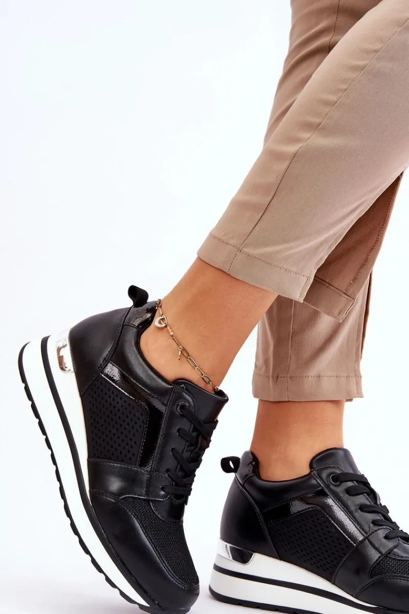 Outlet Skórzane Buty Sportowe Na Niewysokim Koturnie Czarne Braylen Damskie Sneakersy Damskie