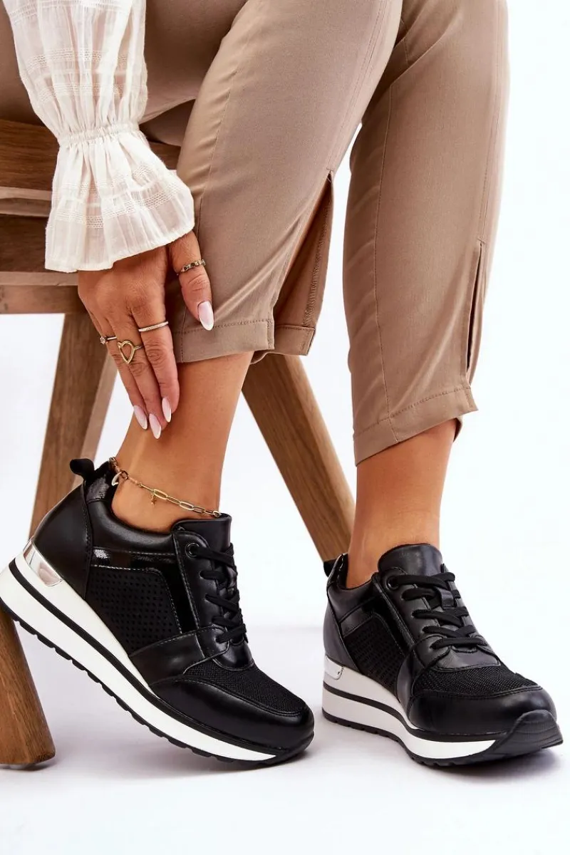 Outlet Skórzane Buty Sportowe Na Niewysokim Koturnie Czarne Braylen Damskie Sneakersy Damskie