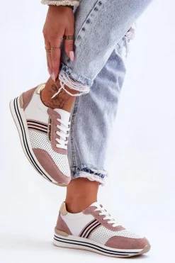 Discount Damskie buty S.Barski Skórzane Buty Sportowe S.Barski AL21575 Biało-Różowe