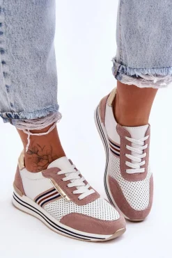 Discount Damskie buty S.Barski Skórzane Buty Sportowe S.Barski AL21575 Biało-Różowe