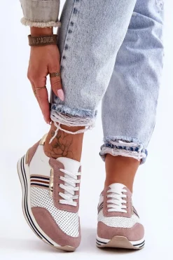 Discount Damskie buty S.Barski Skórzane Buty Sportowe S.Barski AL21575 Biało-Różowe