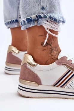 Discount Damskie buty S.Barski Skórzane Buty Sportowe S.Barski AL21575 Biało-Różowe