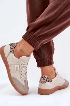 Hot Skórzane Buty Sportowe Sneakersy Damskie Panterka 4640 Beżowe Damskie Buty Sportowe Na Platformie