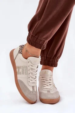 Hot Skórzane Buty Sportowe Sneakersy Damskie Panterka 4640 Beżowe Damskie Buty Sportowe Na Platformie