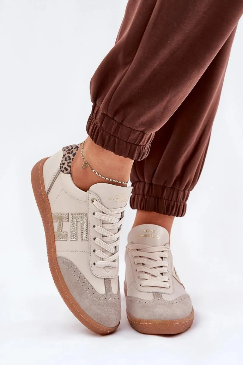 Hot Skórzane Buty Sportowe Sneakersy Damskie Panterka 4640 Beżowe Damskie Buty Sportowe Na Platformie