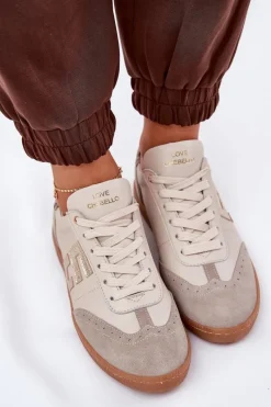 Hot Skórzane Buty Sportowe Sneakersy Damskie Panterka 4640 Beżowe Damskie Buty Sportowe Na Platformie