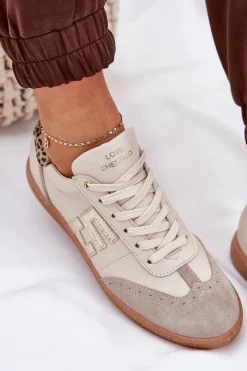 Hot Skórzane Buty Sportowe Sneakersy Damskie Panterka 4640 Beżowe Damskie Buty Sportowe Na Platformie