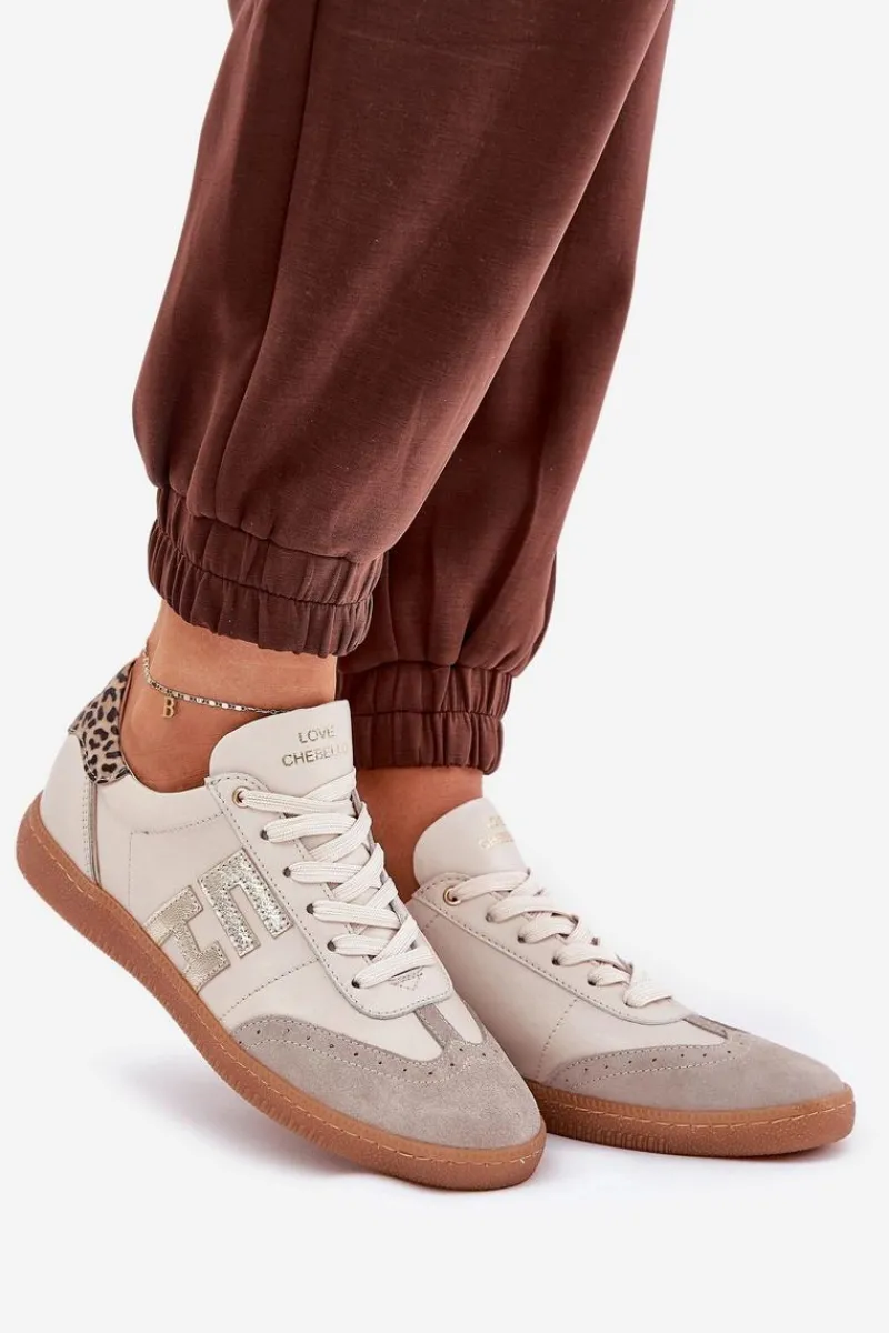 Hot Skórzane Buty Sportowe Sneakersy Damskie Panterka 4640 Beżowe Damskie Buty Sportowe Na Platformie