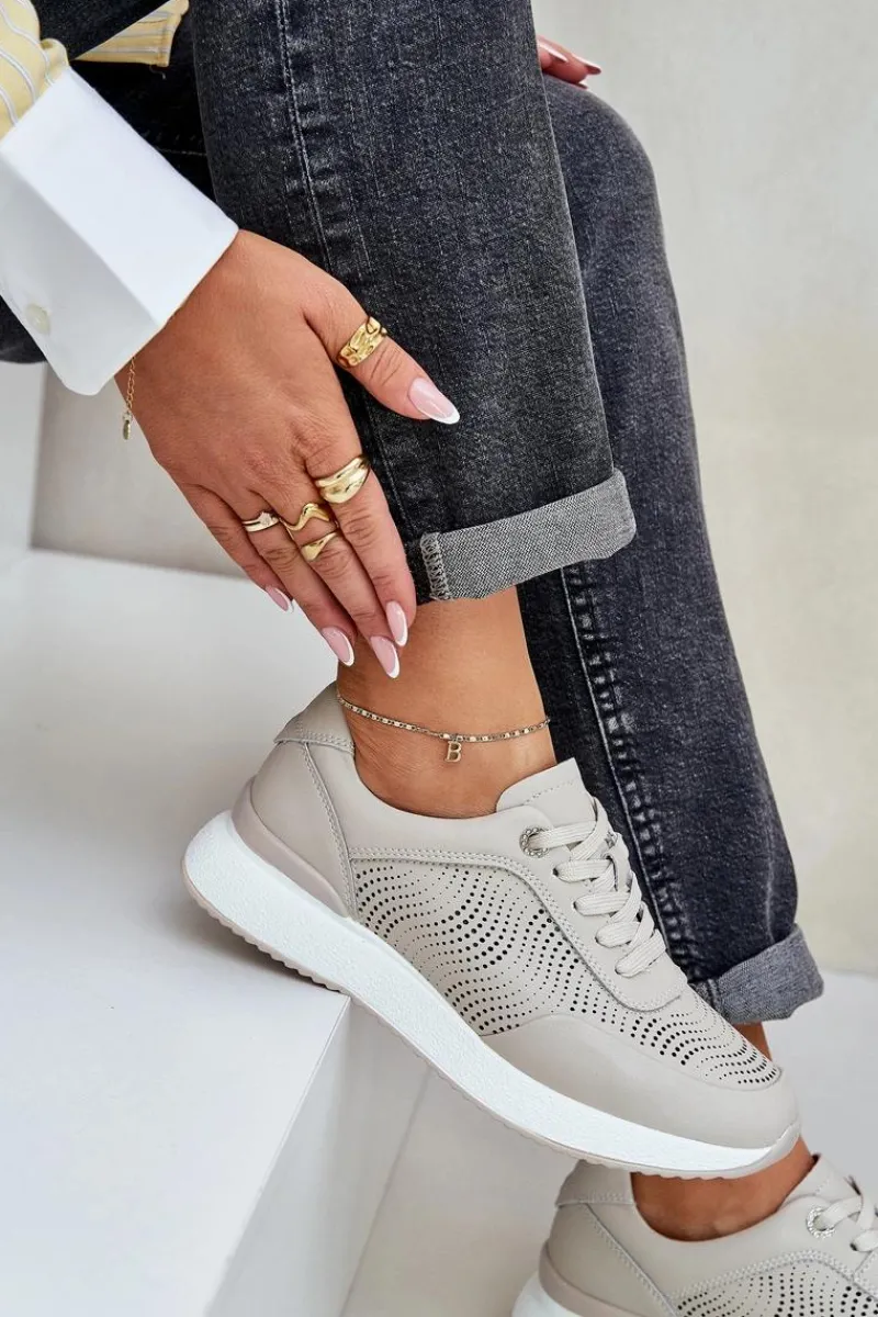 Skórzane Buty Sportowe Sneakersy Damskie S.Barski LR51-551 Beżowe Damskie Buty Sportowe Na Platformie|Sneakersy Damskie