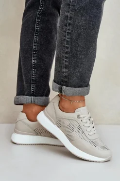 Skórzane Buty Sportowe Sneakersy Damskie S.Barski LR51-551 Beżowe Damskie Buty Sportowe Na Platformie|Sneakersy Damskie