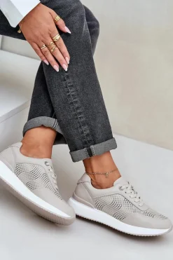 Skórzane Buty Sportowe Sneakersy Damskie S.Barski LR51-551 Beżowe Damskie Buty Sportowe Na Platformie|Sneakersy Damskie
