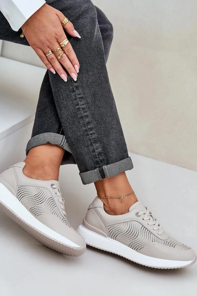 Skórzane Buty Sportowe Sneakersy Damskie S.Barski LR51-551 Beżowe Damskie Buty Sportowe Na Platformie|Sneakersy Damskie