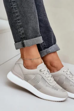 Skórzane Buty Sportowe Sneakersy Damskie S.Barski LR51-551 Beżowe Damskie Buty Sportowe Na Platformie|Sneakersy Damskie