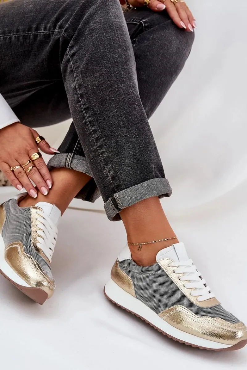 Clearance Damskie buty S.Barski Skórzane Buty Sportowe Sneakersy Damskie D&A LR51-847 Złote