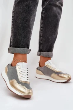 Clearance Damskie buty S.Barski Skórzane Buty Sportowe Sneakersy Damskie D&A LR51-847 Złote