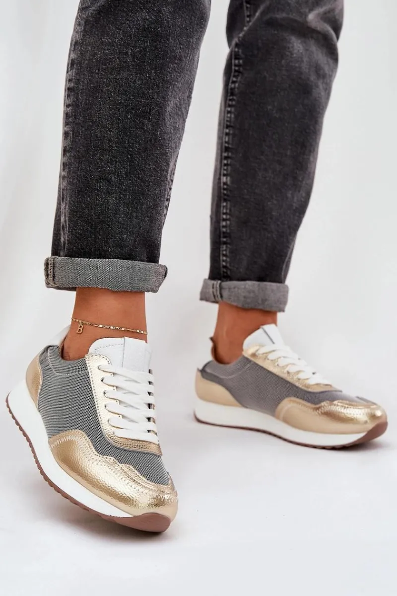 Clearance Damskie buty S.Barski Skórzane Buty Sportowe Sneakersy Damskie D&A LR51-847 Złote