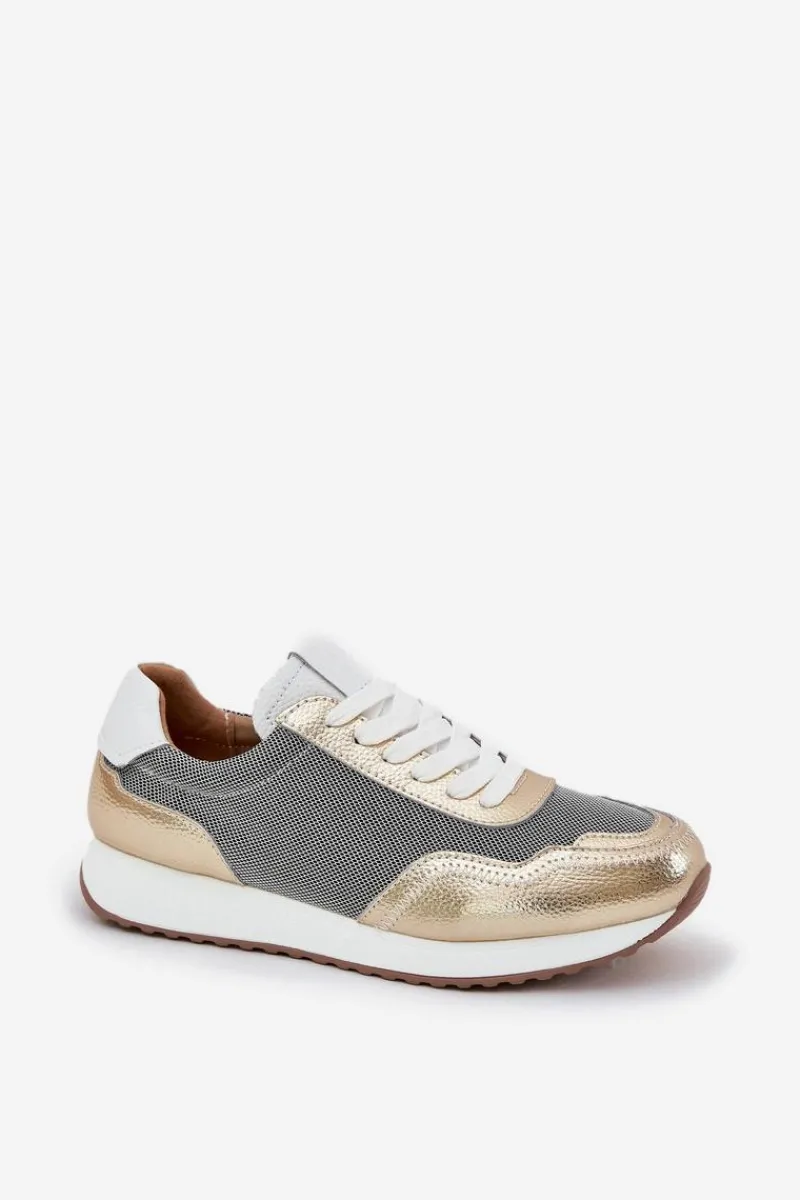 Clearance Damskie buty S.Barski Skórzane Buty Sportowe Sneakersy Damskie D&A LR51-847 Złote