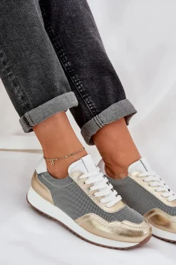 Clearance Damskie buty S.Barski Skórzane Buty Sportowe Sneakersy Damskie D&A LR51-847 Złote