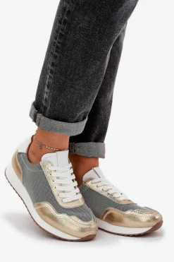 Clearance Damskie buty S.Barski Skórzane Buty Sportowe Sneakersy Damskie D&A LR51-847 Złote