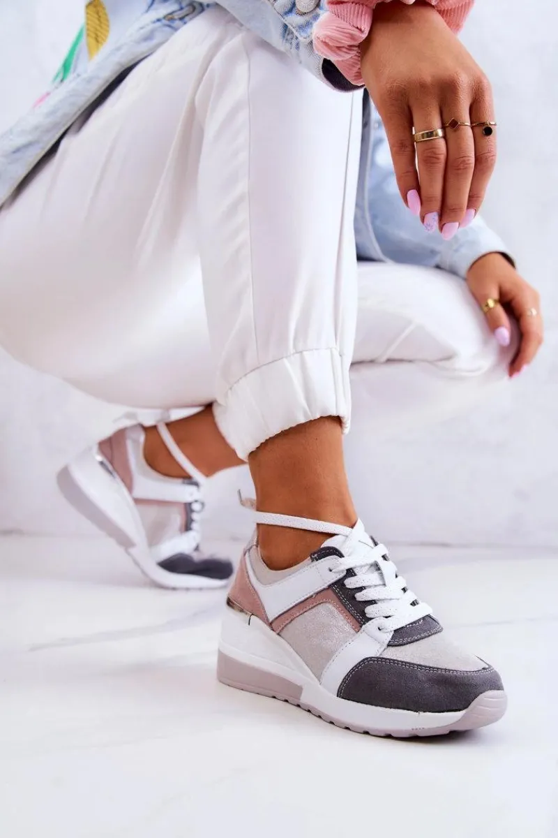 Discount Skórzane Buty Sportowe Sneakersy Na Koturnie Srebrno-Szare Elissa Damskie Sneakersy Damskie