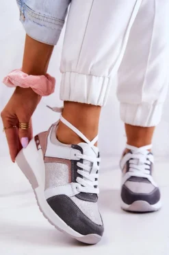 Discount Skórzane Buty Sportowe Sneakersy Na Koturnie Srebrno-Szare Elissa Damskie Sneakersy Damskie