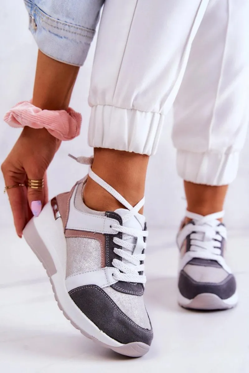 Discount Skórzane Buty Sportowe Sneakersy Na Koturnie Srebrno-Szare Elissa Damskie Sneakersy Damskie