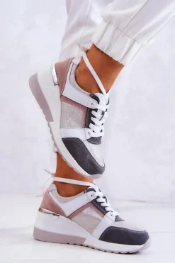 Discount Skórzane Buty Sportowe Sneakersy Na Koturnie Srebrno-Szare Elissa Damskie Sneakersy Damskie