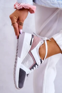 Discount Skórzane Buty Sportowe Sneakersy Na Koturnie Srebrno-Szare Elissa Damskie Sneakersy Damskie