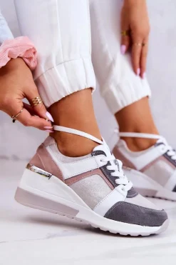 Discount Skórzane Buty Sportowe Sneakersy Na Koturnie Srebrno-Szare Elissa Damskie Sneakersy Damskie