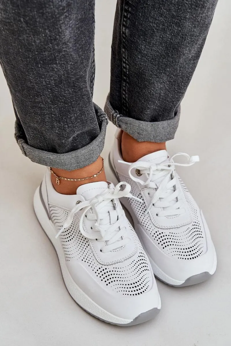 Buty Sportowe Na Platformie|Sneakersy Damskie>Damskie buty S.Barski Skórzane Buty Sportowe Sneakersy Damskie S.Barski LR51-551 Białe Biały