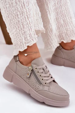 Best Skórzane Buty Sportowe Sneakersy Na Platformie Z Zamkiem Vinceza 88019 Ciemnobeżowe Damskie Sneakersy Damskie