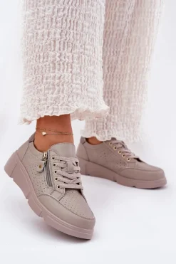 Best Skórzane Buty Sportowe Sneakersy Na Platformie Z Zamkiem Vinceza 88019 Ciemnobeżowe Damskie Sneakersy Damskie