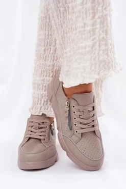 Best Skórzane Buty Sportowe Sneakersy Na Platformie Z Zamkiem Vinceza 88019 Ciemnobeżowe Damskie Sneakersy Damskie