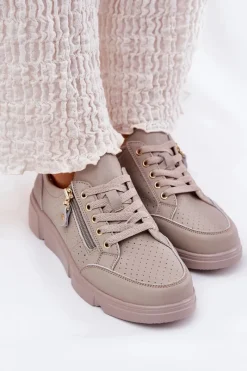 Best Skórzane Buty Sportowe Sneakersy Na Platformie Z Zamkiem Vinceza 88019 Ciemnobeżowe Damskie Sneakersy Damskie