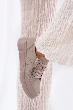 Best Skórzane Buty Sportowe Sneakersy Na Platformie Z Zamkiem Vinceza 88019 Ciemnobeżowe Damskie Sneakersy Damskie